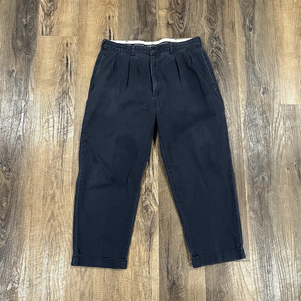 VTG Polo Ralph Lauren Andrew Pant W35 L30 Navy Blue Double Pleated Cuffed Hem